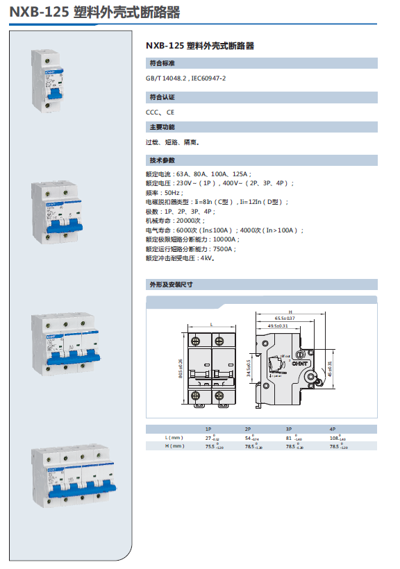 NXB-125G小型斷路器選型手冊